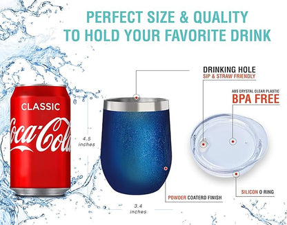 CHILLOUT LIFE 12 oz Stainless Steel Wine Tumblers 2 Pack - Double Wall Vacuum Insulated Wine Glasses Cups with Lids and Straws Set Keeping Cold & Hot for Coffee, Beer, Ice Cream - Blue Sparkle