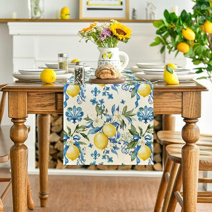 Artoid Mode Blue Lemon Iris Summer Table Runner, Seasonal Spring Kitchen Dining - Image 2