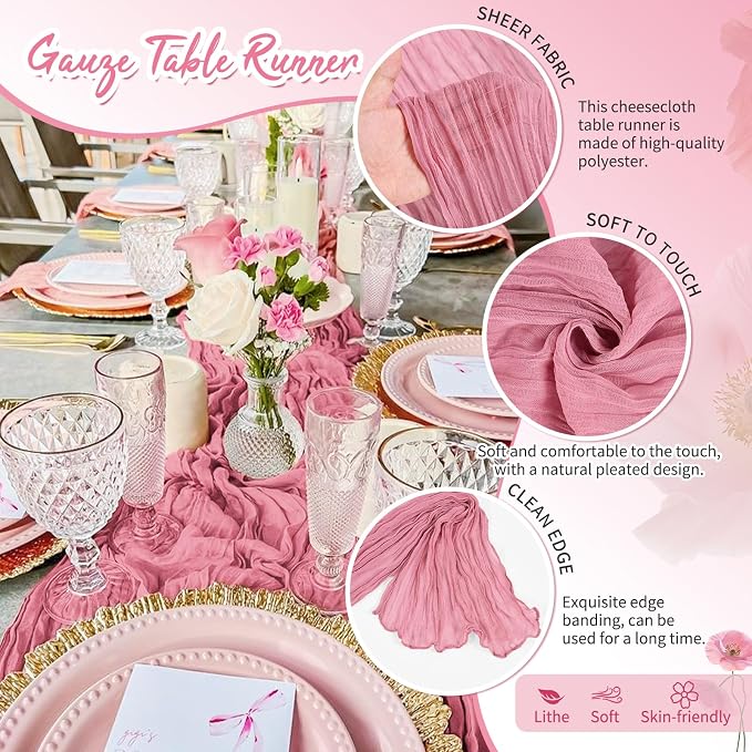 Showgeous 4 Pack Dusty Rose Cheesecloth Table Runner, 17 x 108 Inches | Boho - Image 3