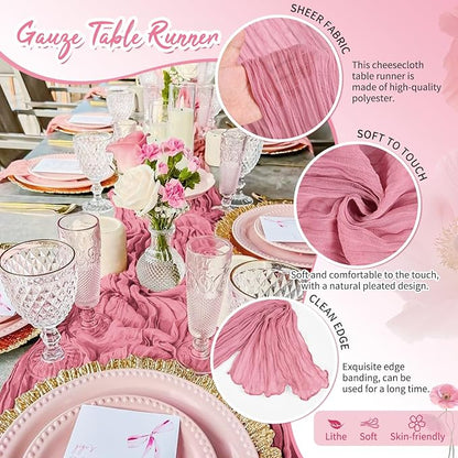 Showgeous 4 Pack Dusty Rose Cheesecloth Table Runner, 17 x 108 Inches | Boho - Image 3