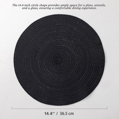Round Placemats Set of 4 Woven Placemats Washable Braided Table Mats for Dining Table Heat Resistant Non-Slip Circle Place Mats(Black)