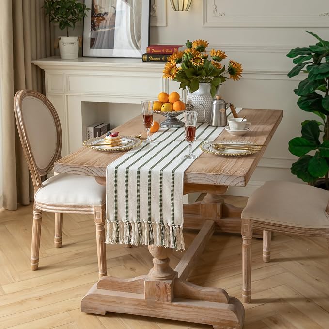 Caflife Boho Table Runner 72 Inchs Long Green and Beige, Cotton and Linen Woven - Image 6