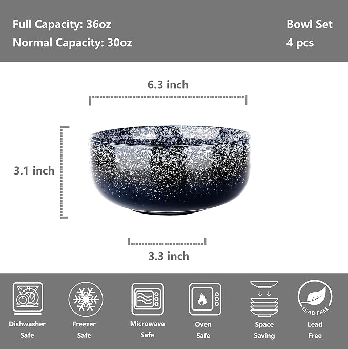 S&Q'S CERAMICS Bowl Set of 4, 36 Ounce Kitchen Bowls - Image 2