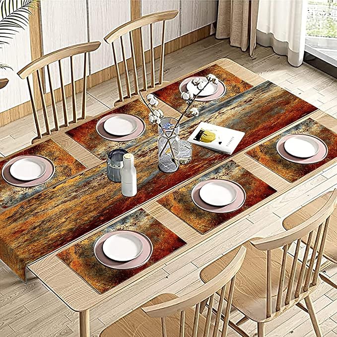 Brown Rust Table Runner and Placemats Set of 6, Linen 90" Long | Abstract - Image 5