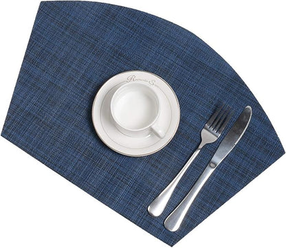 SHACOS Small Round Table Placemats Wedge Placemat Set of 4 Non Slip Heat Resistant Woven Vinyl Table Mats Wipe Clean Indoor Outdoor (4, Blue Black)