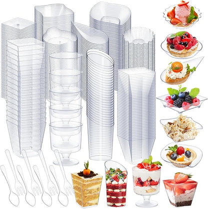 Tessco for you 1600 Pcs Mini Appetizer Plates Dessert Cups with Spoons Forks Set Assorted Shape Plastic Parfait Cups Dessert Plates Container Bowls with Disposable Spoon Fork for Party (Clear)