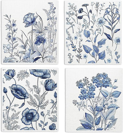 Spring Flower Swedish Dishcloths for Kitchen, Blue Swedish Dish Cleaning Cloths for Floral, Papaya Reusable Paper Towels, 4 Pack Dish Towels for Kitchen, Reusable Paper Dishcloths Washable