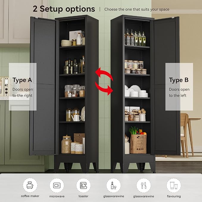 Narrow Metal Cabinet with 4 Adjustable Shelves and Barn Doors,Tall Bathroom Storage Cabinet, Metal Pantry Organizer for Kitchen,Home Office, Dining Room,Black