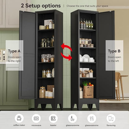 Narrow Metal Cabinet with 4 Adjustable Shelves and Barn Doors,Tall Bathroom Storage Cabinet, Metal Pantry Organizer for Kitchen,Home Office, Dining Room,Black