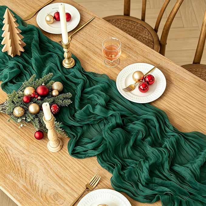 3Pcs Christmas Table Runner, 10FT Cheesecloth Emerald Green Table Runners - Image 2