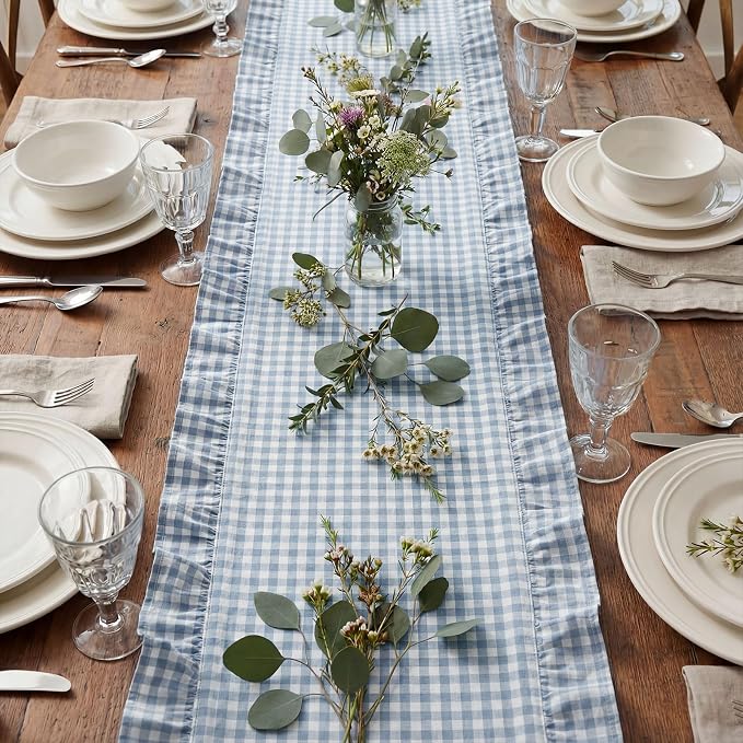 HunnmingRe 1 Pc Gingham Table Runner Blue, 118 X 13.8 Inch | Cotton Dresser - Image 5