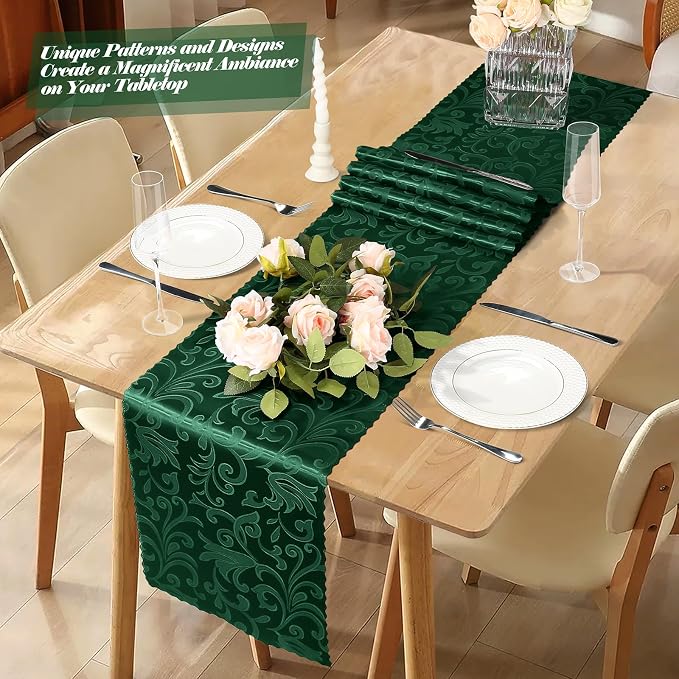 MILVOWOC Emerald Green Satin Table Runner, 4 Pack, 12 x 72 Inch | Jacquard - Image 2