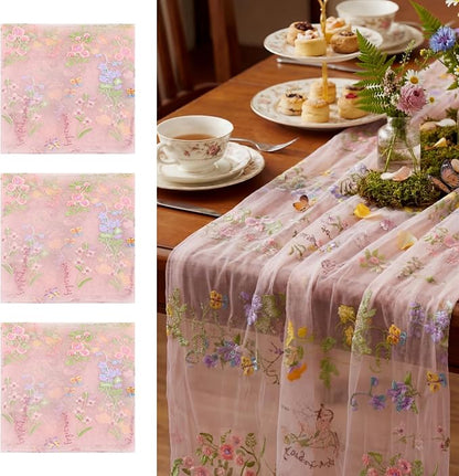 Pink Floral Table Runner 10ft Embroidery Tulle Spring Wildflower Table Runner by Windkream