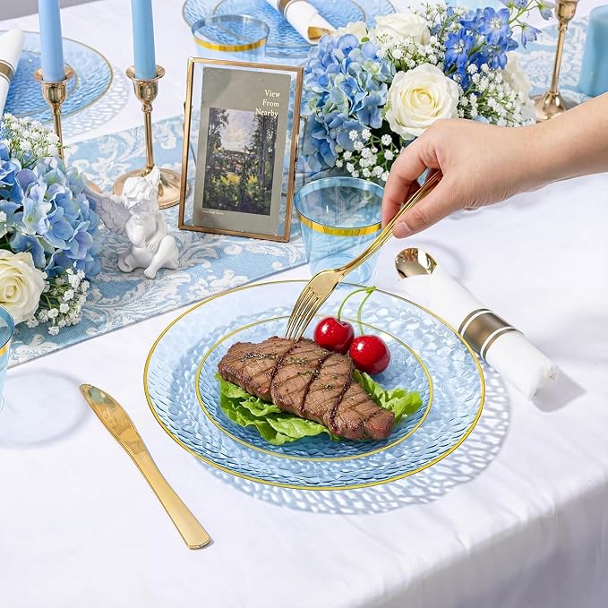 Rubtlamp 100Pcs Blue Gold Plastic Plates, Hammered Plastic Plates Include 50 - Image 6