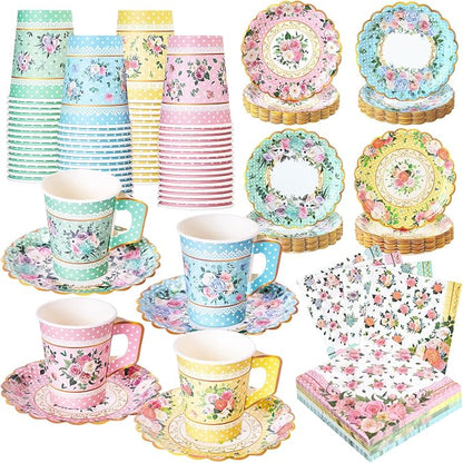 SUMMORO 180 Pcs Floral Paper Tea Cups and Plates 9 OZ Disposable Paper TeaCups by SUMMORO