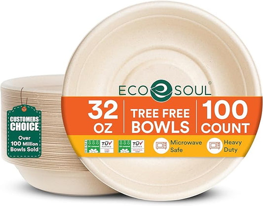 ECO SOUL 100% Compostable 32 Oz Soup Bowls [100-Pack] Disposable Sturdy Bowls I Heavy Duty Paper Bowl I Eco-Friendly Salad Bowl I Biodegradable Large