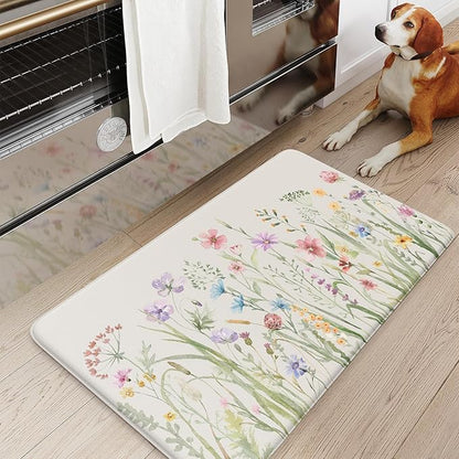 KIMODE Anti Fatigue Kitchen Mat 17.3"x29", Boho Floral Kitchen Floor Mats Non Slip, Waterproof Kitchen Mat for Floor, Padded Comfort Standing Mat for Laundry, Office, Sink, Desk White
