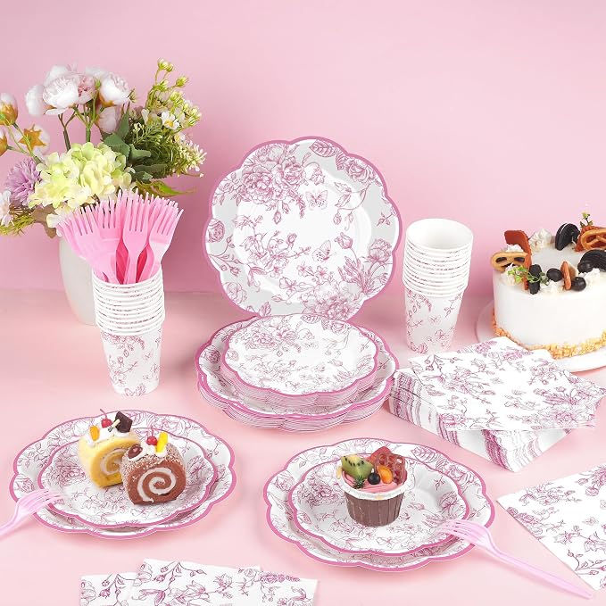 Kochorie 144 Pieces Pink Floral Paper Plates and Napkins Party Supplies - Image 4