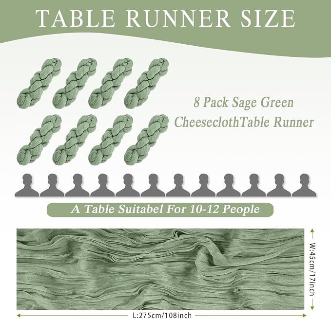 8 Pack Sage Green Cheesecloth Table Runner 17x108 inch Boho Gauze Cheese Cloth - Image 3