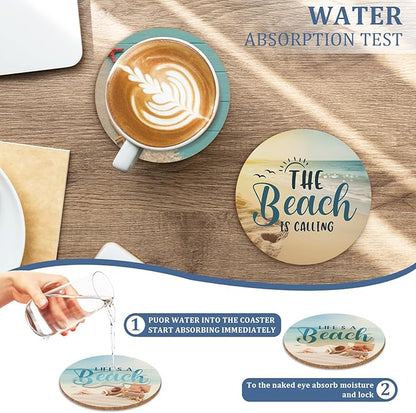 Beach Coastal & Ocean Sea Tropical Theme Cork Coasters for Drinks, Kitchen Decor and Gifts for Beach House and Home Beach Bar-Coasters for Wooden Table-Set of 6 with Holder
