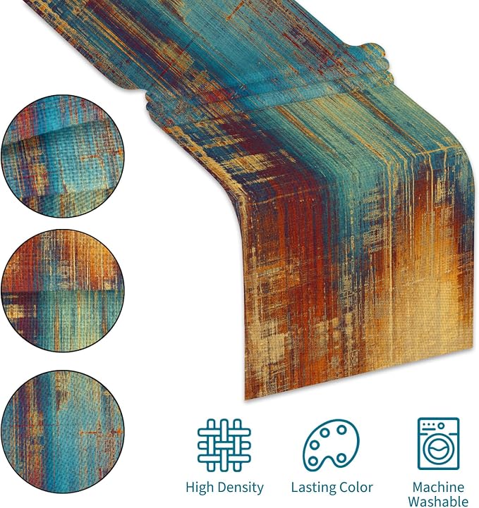 Long Table Runner Vintage Abstract Blue and Orange Table Runner Messy Rust - Image 5