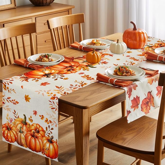 Orange Pumpkins Table Runners 72 Inches Long, Fall Thanksgiving Cotton Linen - Image 7