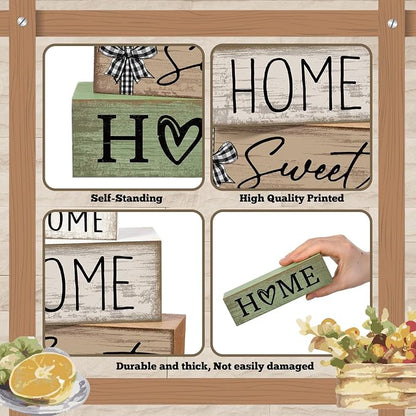 Moucuny 4 Pcs Wooden Farmhouse Table Decor Rustic Home Sweet Home Stacked - Image 6