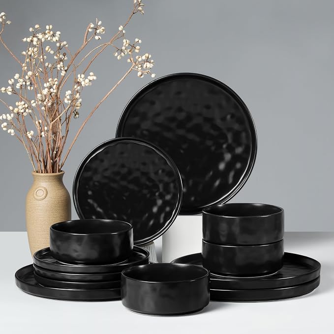 HaWare Dinnerware Sets, 12-Piece Plates and Bowls Set, Matte Black | Stoneware by HaWare
