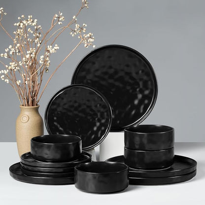 HaWare Dinnerware Sets, 12-Piece Plates and Bowls Set, Matte Black | Stoneware by HaWare