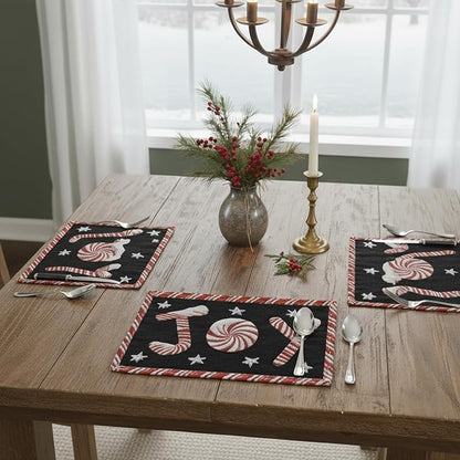 DaDa Bedding Starry Peppermint Joy Placemats - Set of 4 Festive Christmas Winter Holiday Tapestry - Red Black & White Cotton Linen Woven Yueltide Dining Table Mats - 13” x 19” (12904)