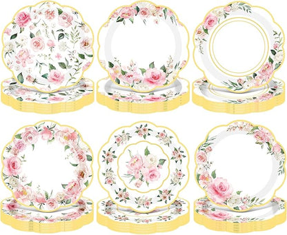 Umigy 120 Pcs Summer Pink Floral Paper Plates 7 Inch Floral Party Decoration Plates, Summer Wild Flower Disposable Decorative Tableware for Birthday Wedding Baby Shower Tea Party Bridal Shower