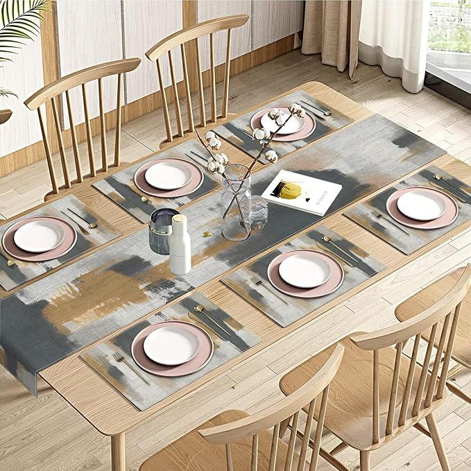 Emvency Table Runner and Placemats Set of 6, Abstract Vintage Gray | Brown Art by Emvency