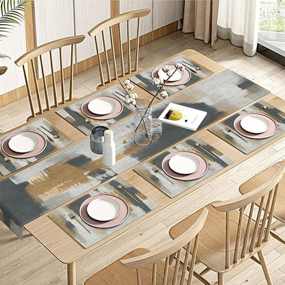 Emvency Table Runner and Placemats Set of 6, Abstract Vintage Gray | Brown Art by Emvency