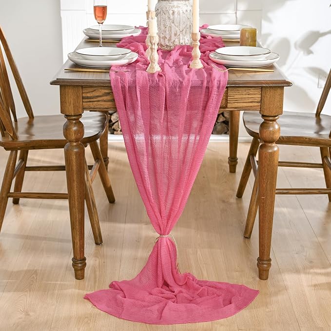 Artoid Mode Boho Cheesecloth Gauze Rose Red Wedding Table Runner, 120 Inch - Image 2