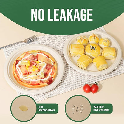 9 Inch Compostable Paper Plates (100 Pack) - Eco-Friendly Disposable Dinnerware for Parties, Microwavable & Water/Oil Resistant - 100% Biodegradable Heavy Duty Brown Plates for Events, Picnics