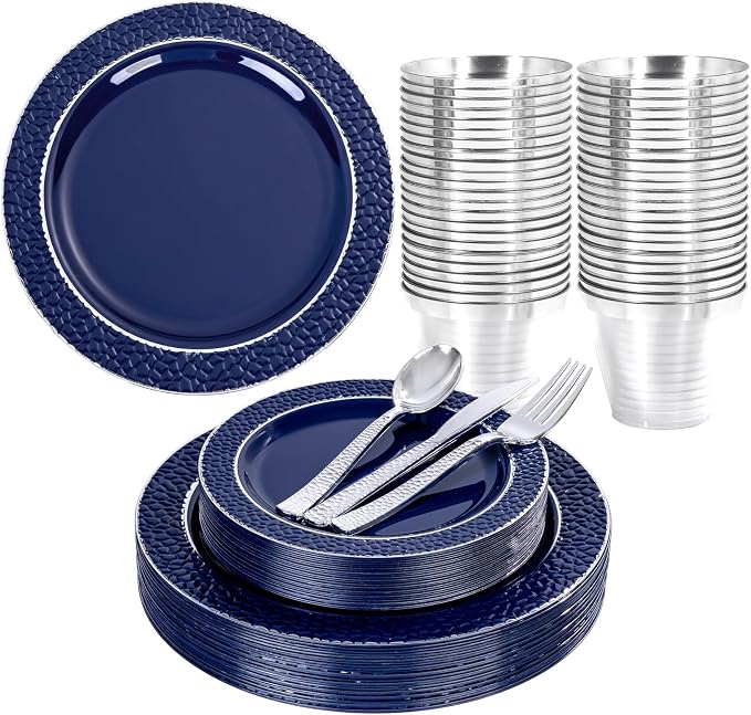 Ciaell 150 PCS Blue and Silver Plastic Plates by Ciaell
