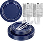 Ciaell 150 PCS Blue and Silver Plastic Plates by Ciaell