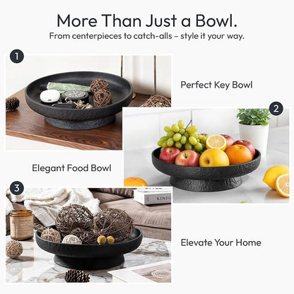 Granite Inspired Matte Black Fruit Bowl | Wide, Shallow Textured Pedestal Bowl - Image 4