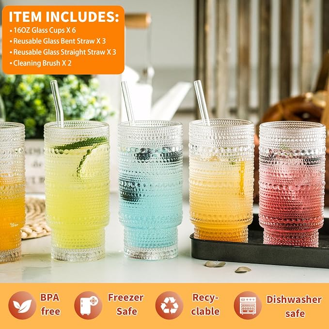 KEMORELA Vintage drinking glasses set of 6, Large 16oz Hobnail Glassware Set - Image 4