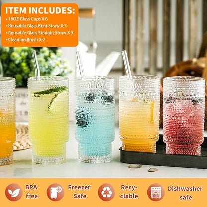 KEMORELA Vintage drinking glasses set of 6, Large 16oz Hobnail Glassware Set - Image 4