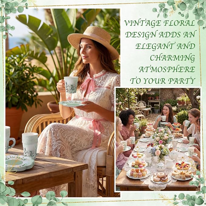 24 Sets Eucalyptus Leaf Tea Party Cups, 7 OZ Disposable Paper Tea Cups | - Image 7