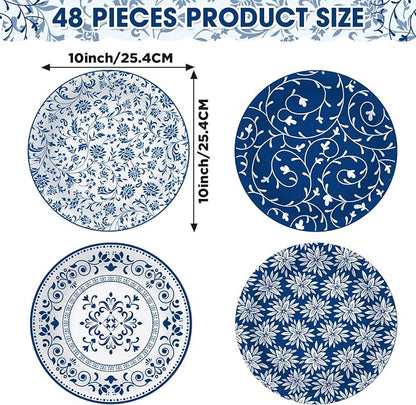 4 Set 10 Inch Blue White Porcelain Dinner Plates Melamine Blue White Floral - Image 2