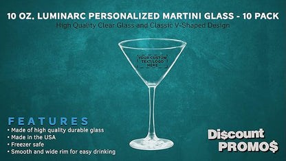 Custom Martini Glasses by ARC 10 oz. Set of 10, Personalized Bulk Pack - Perfect for Hotel, Bar, Restaurant or Lounge - Clear