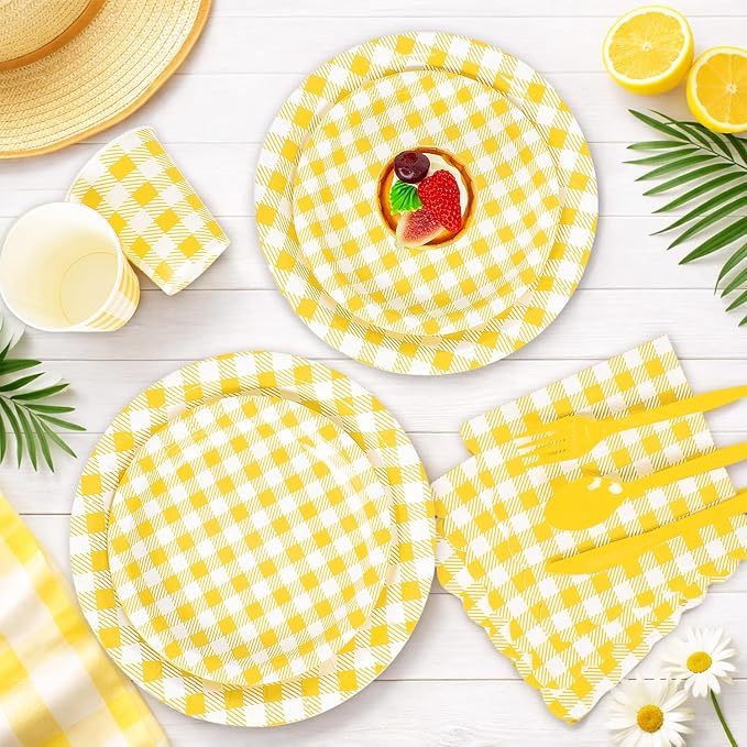 Vyntra 350 Pcs Yellow & White Checkered Gingham Paper Plates and Napkins Set - Image 6