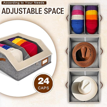2-in-1 Hat Organizer for Baseball Caps Holds 48-60 Caps Hat Storage with Adjustable Divider Stackable Hats Holder for Closet with Clear lid Cowboy Hat Box for Men Women 2 PCS Beige and Grey