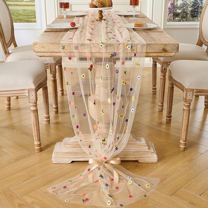 BINBE 1pcs Champagne Daisy Spring Table Runner Embroidery Gauze 10FT Florals - Image 7