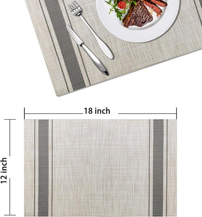 Placemats Set of 4 Vinyl Washable Gray Placemats, 18"x12" Wipeable Heat-Resistant Non-Slip Easy Clean Table Mats Ideal for Dining Table Table Runner and Outdoor(4, Grey Wide Stripe)