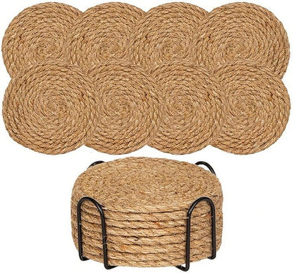 8 Pcs Drink Coasters with Holder, Handwoven Cotton Coasters Set Stackable Absorbent Minimalist Home Decor for Table, Cup, Mug (Hemp Rope)