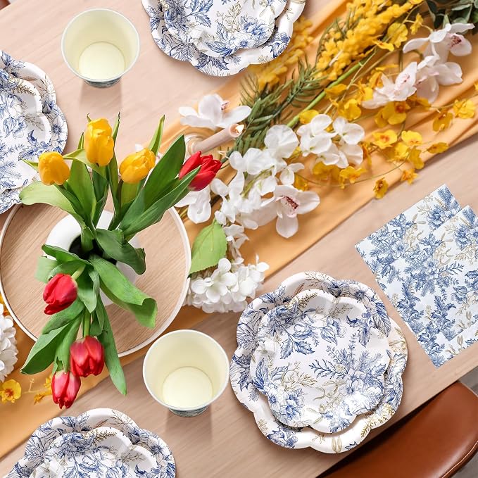 250 Pcs Blue Gold Floral Disposable Paper Plate Napkins | Bridal Shower Wedding - Image 5