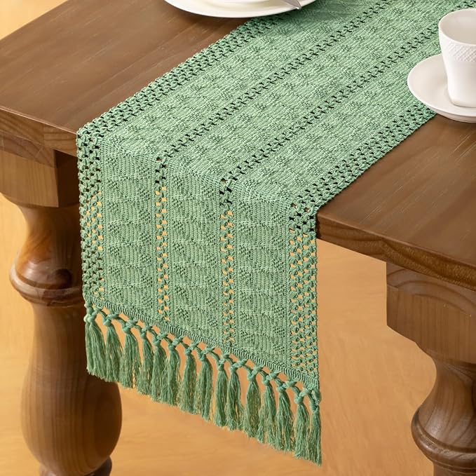 MLMW Boho Sage Green Table Runner Farmhouse Burlap Small Table Runner Dresser - Image 3